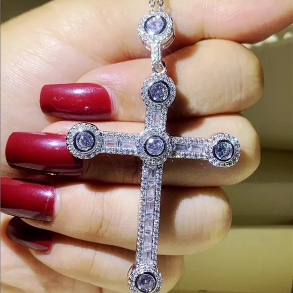 New Luxury 925 Silver Beautiful Cross For Men Women Diamond Necklace - Picture 13 of 15